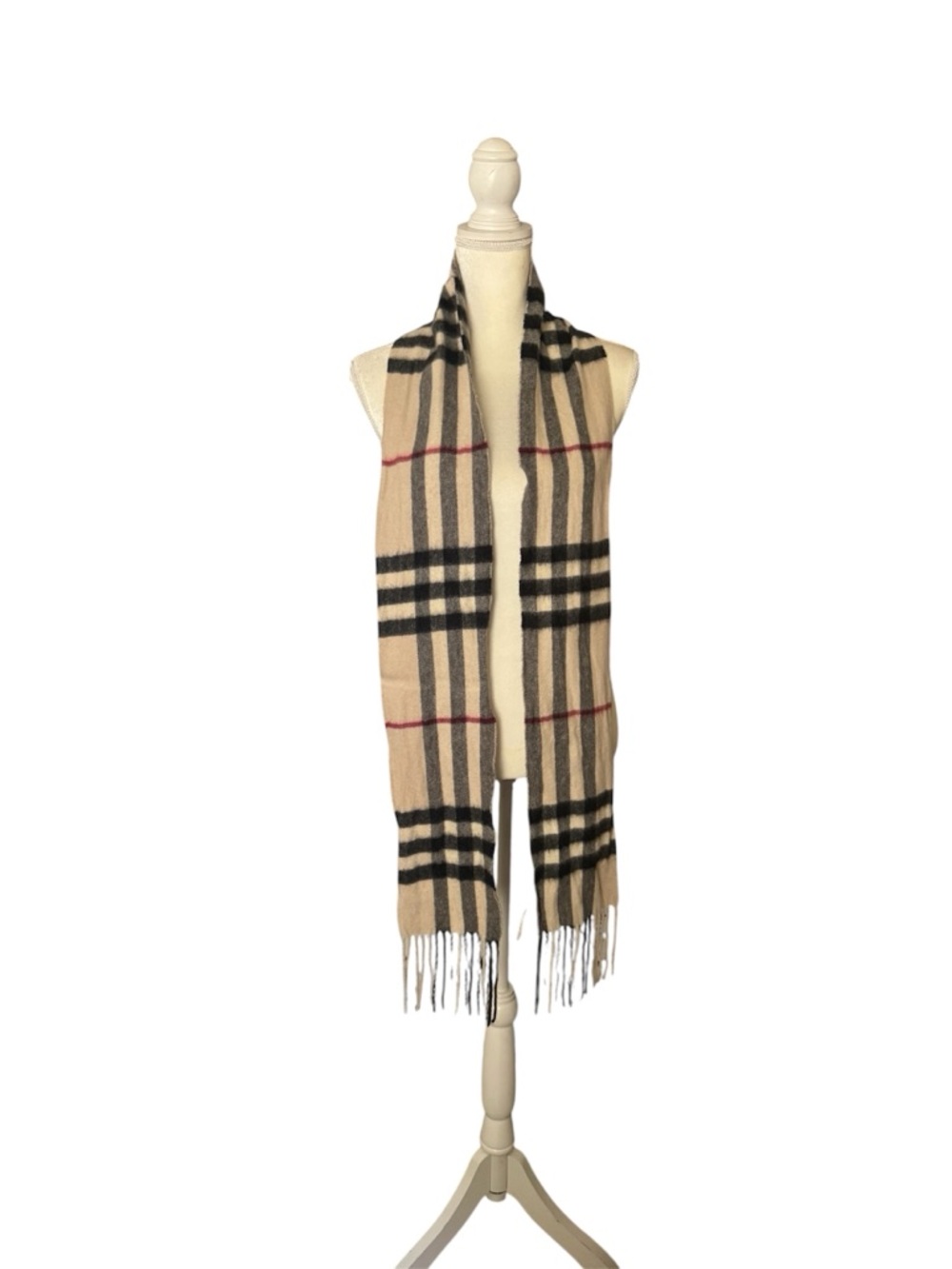 Burberry Classic Check Fringe Scarf in Beige, Black & Red - Picture 2 of 10